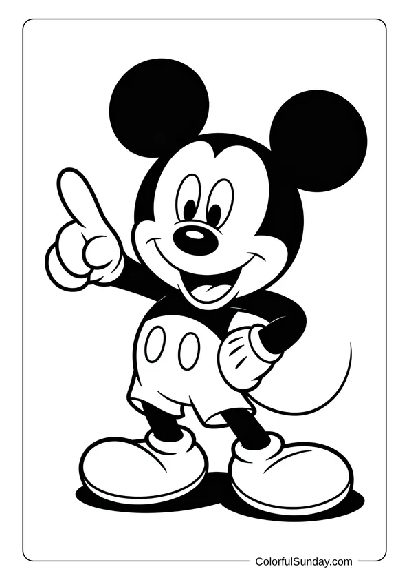 Pokemon Badges And Logo Coloring Page Mickey Mouse smiling with one finger pointing up in excitement appears in this discovery-themed coloring page.