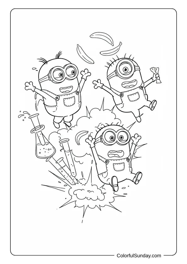 Three Minions panicking as test tubes explode in a chaotic and funny lab experiment coloring page.