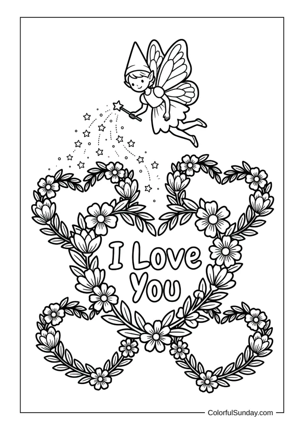 Fairy sprinkling dust over flowers creating heart shapes and I love you message in a whimsical coloring page.