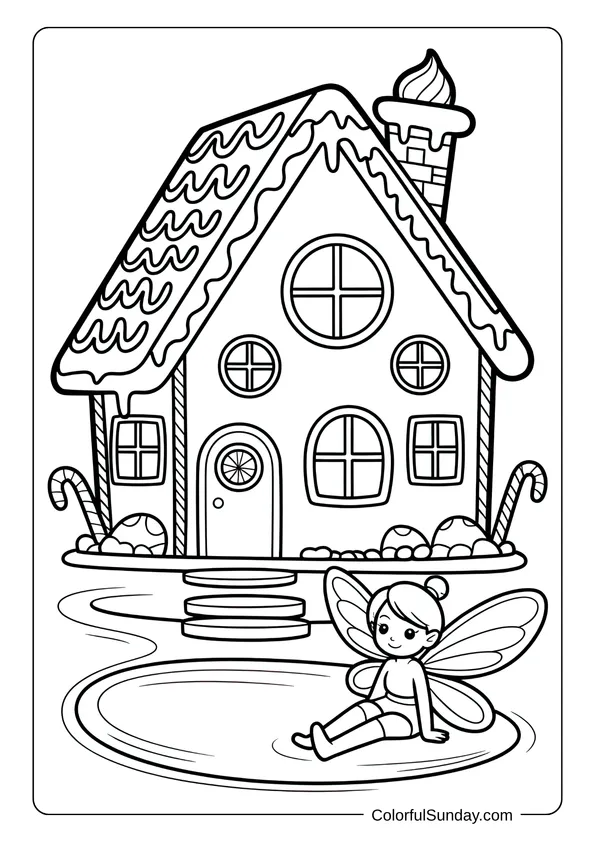 A fairy sits near a gingerbread house with candy decorations in this sweet coloring page.
