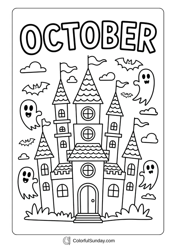 Pokemon Badges And Logo Coloring Page Haunted castle with ghosts, bats, and the word October above in a spooky coloring page.
