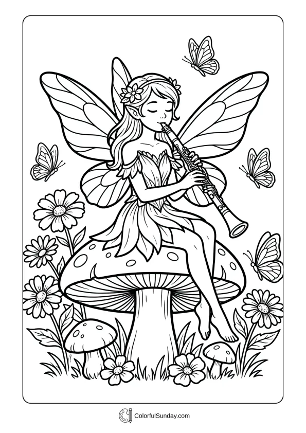 A coloring page showing a fairy playing clarinet on a mushroom with butterflies and flowers coloring page