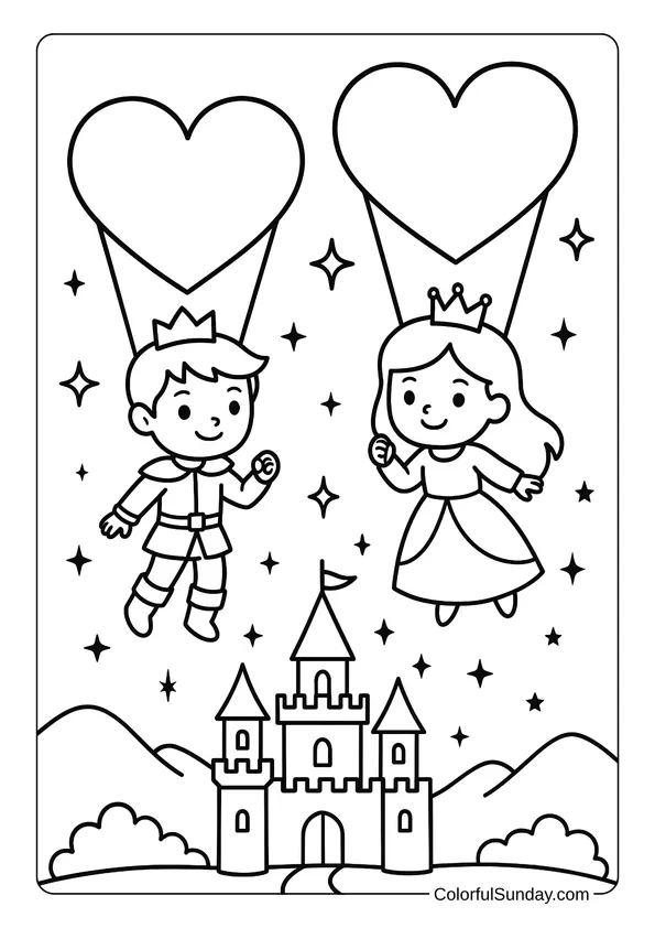 A prince and princess float with heart-shaped parachutes above a castle in this fairy tale coloring page.