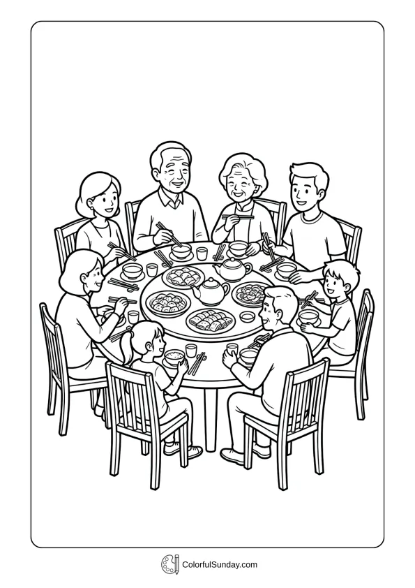 Traditional round table feast celebrating Chinese New Year family reunion coloring picture