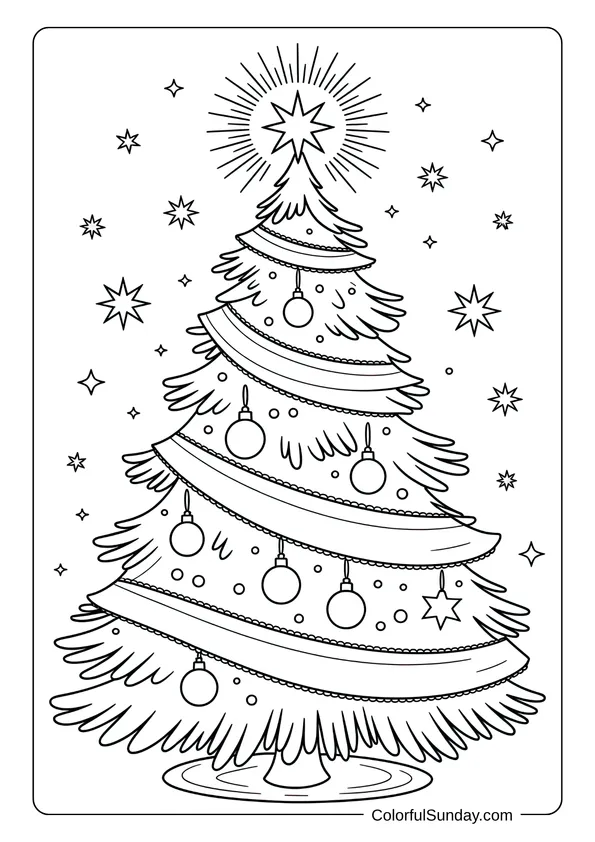 Fancy Christmas tree decorated with ribbons, ornaments, and stars sparkling in a holiday coloring page.