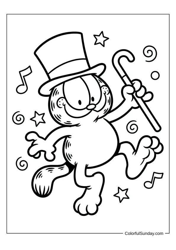 Fancy gentleman Garfield dancing with top hat and cane coloring picture