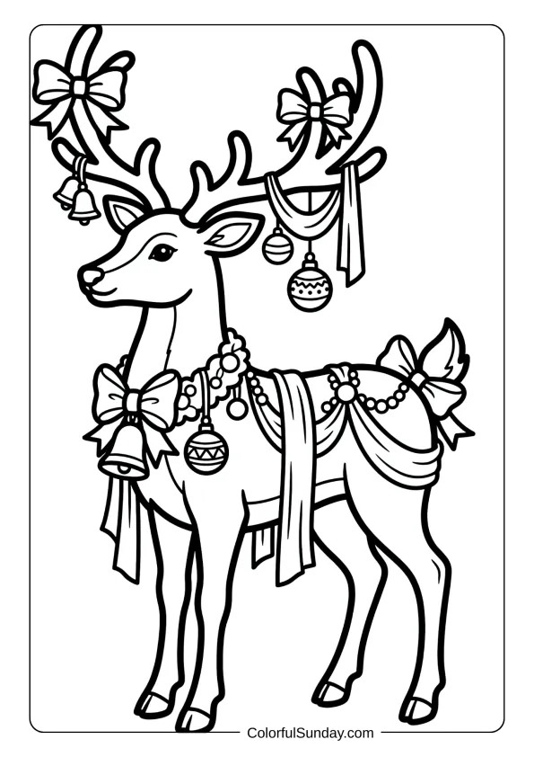 A pampered reindeer decorated with ribbons bows coloring page and ornamental accessories.