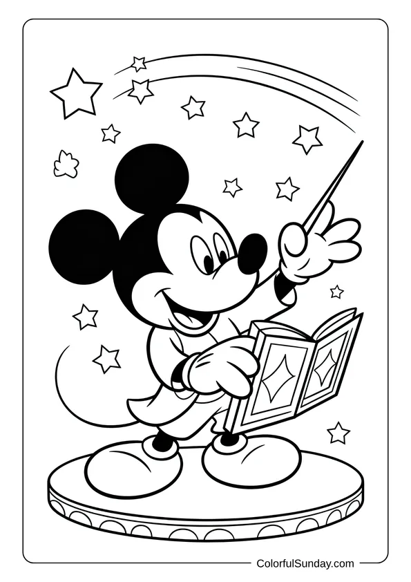 Pikachu From Pokemon Coloring Page Fantasia-inspired coloring page of Mickey Mouse holding a wand and book while surrounded by stars.