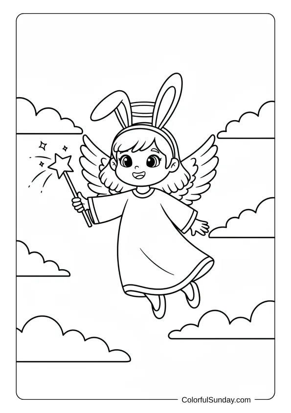 A fantasy angel coloring sheet with bunny ears holding a magic star wand in the sky.