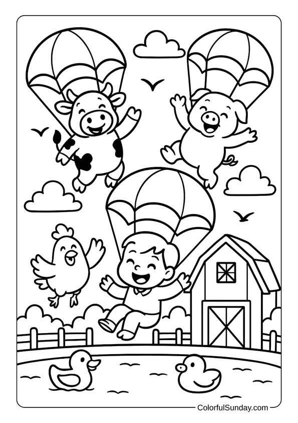 A child, cow, pig, and hen float with parachutes above a farm in this fun coloring page.