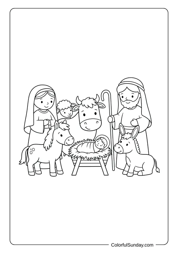 A nativity coloring page for kids with farm animals like cow and pony around baby Jesus.