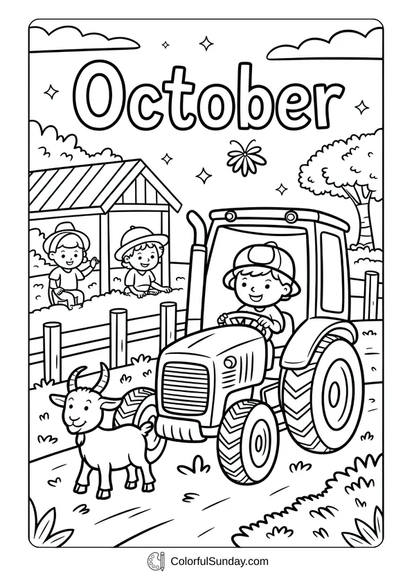 Pokemon Badges And Logo Coloring Page Farmer boy driving a tractor with a goat walking beside him while children watch from a barn in October, coloring page style.