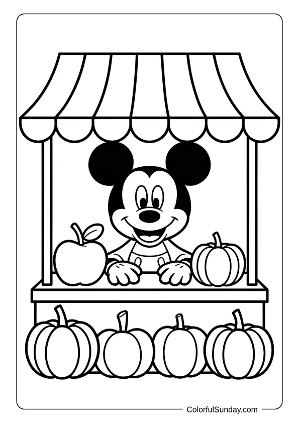 Mickey Mouse stands at a farmer’s market stall with apples and pumpkins around him in this coloring page.