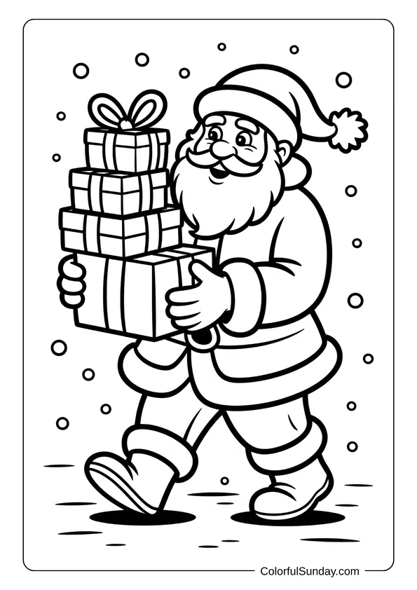 Father Christmas walking through the snow carrying many presents, in a joyful coloring page.