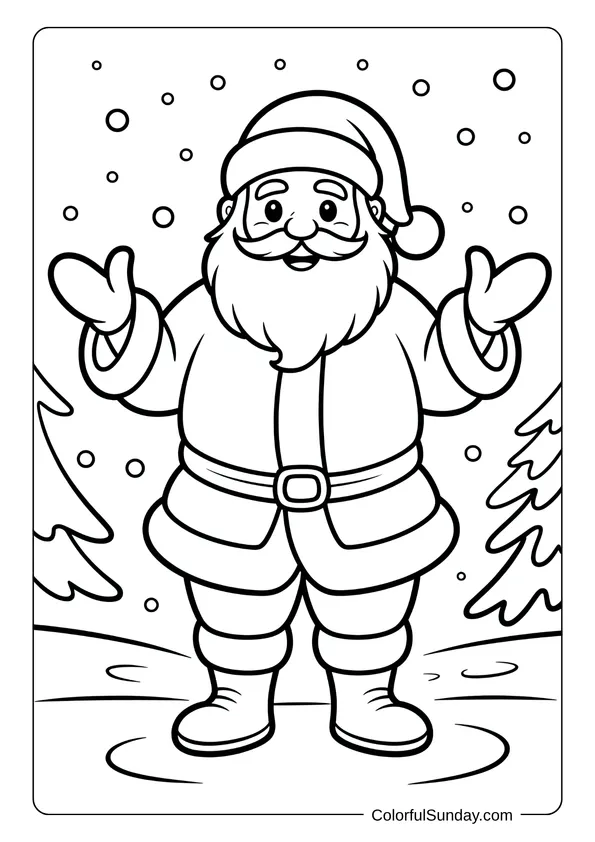 Father Christmas standing outdoors wearing his full outfit surrounded by snowflakes, in a detailed coloring page.