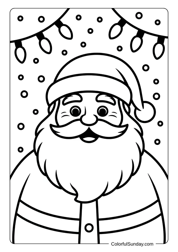 Father Christmas with a long white beard smiling gently, depicted in a classic-style coloring page.