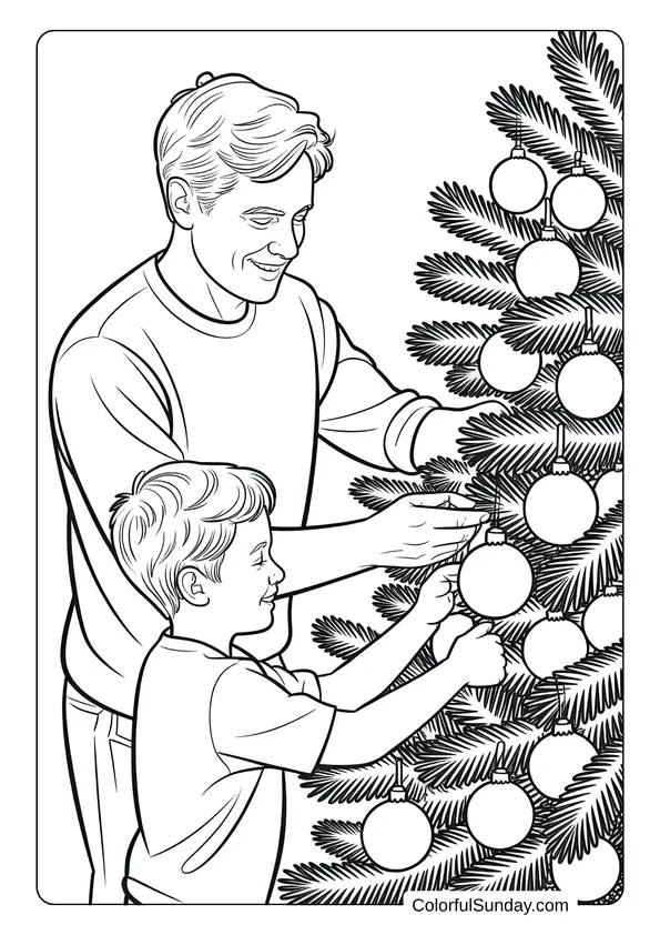 A father and son hanging ornaments on a Christmas tree together, in a family holiday coloring page.