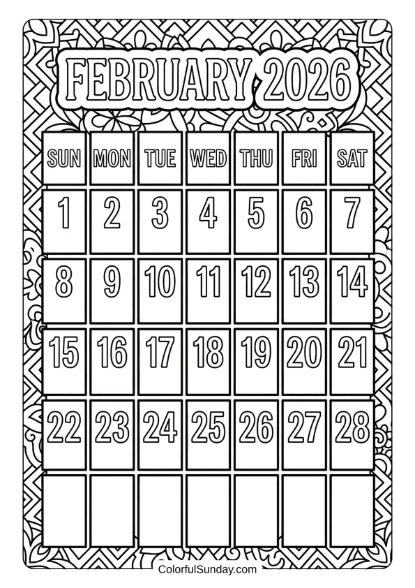 February 2026 mandala calendar coloring page with patterned borders printable coloring page