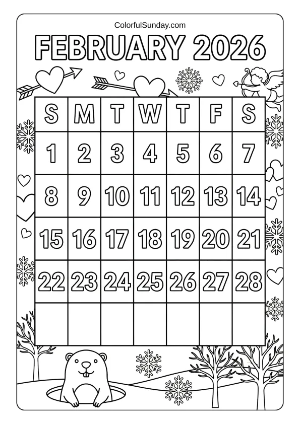February 2026 love themed calendar coloring page with hearts printable coloring page