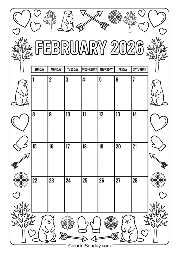 February 2026 romantic winter calendar coloring page with hearts printable coloring page