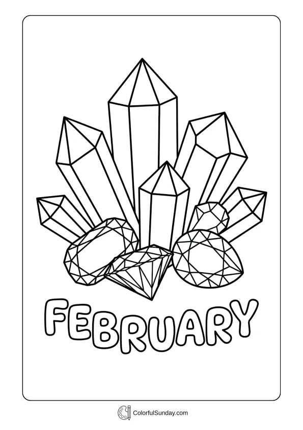 A February amethyst coloring page featuring beautiful crystals and gemstones as birthstone display coloring page