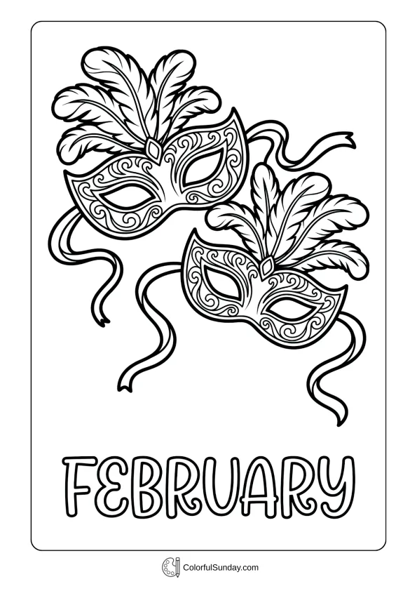 A February carnival masks coloring page with ornate masks featuring feathers and ribbons coloring page