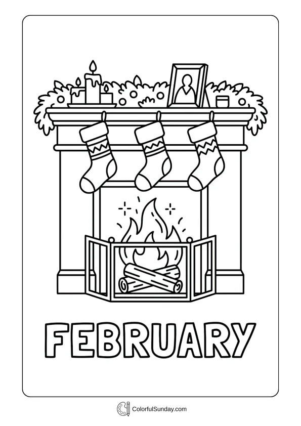 February cozy fireplace coloring page showing warm scene with stockings and mantel decorations coloring page