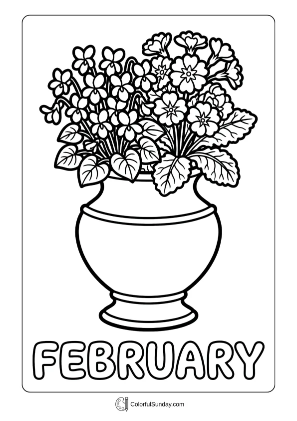 February flower bouquet coloring page with birth flowers violets and primrose in vase coloring page