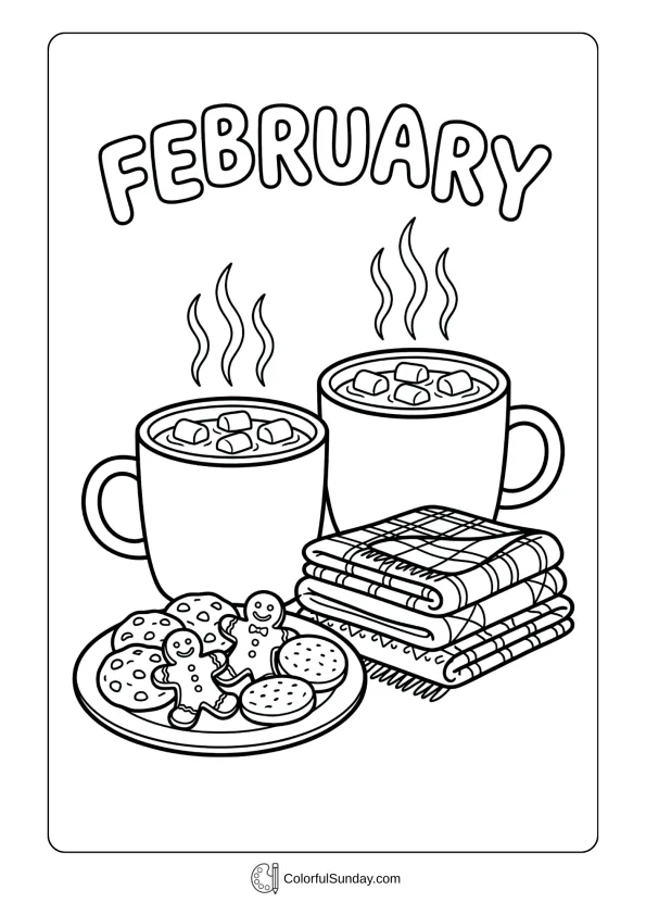 February hot cocoa coloring page showing steaming mugs with marshmallows beside treats and cookies coloring page