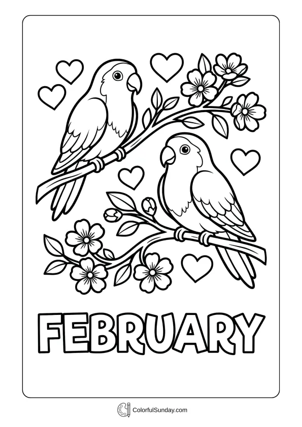 A coloring page of two lovebirds perched on branches decorated with hearts and February flower blossoms coloring page