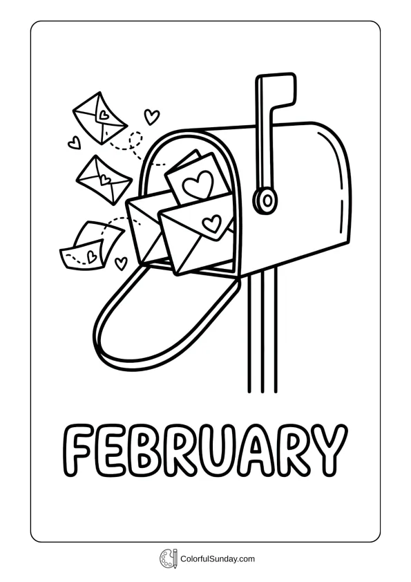 February mailbox coloring page with overflowing valentines cards letters and heart-shaped mail coloring page