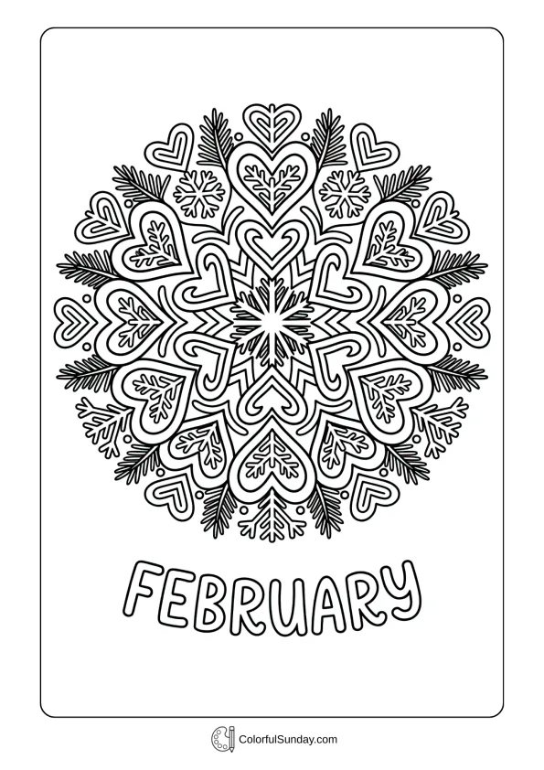 A February mandala coloring page with intricate design incorporating hearts snowflakes and patterns coloring page