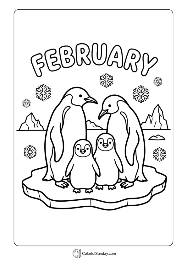 A coloring page of a penguin family huddling together with February snowflakes and arctic scenery coloring page