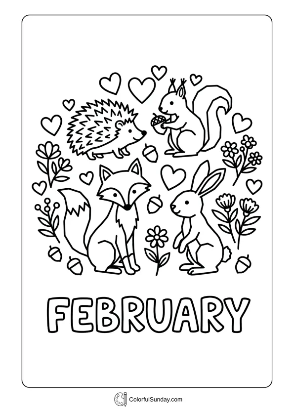 February woodland coloring page featuring forest animals celebrating with heart decorations and flowers coloring page