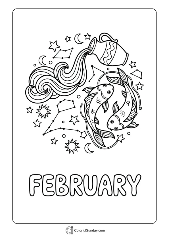 A February zodiac coloring page with Aquarius and Pisces symbols swimming through stars coloring page