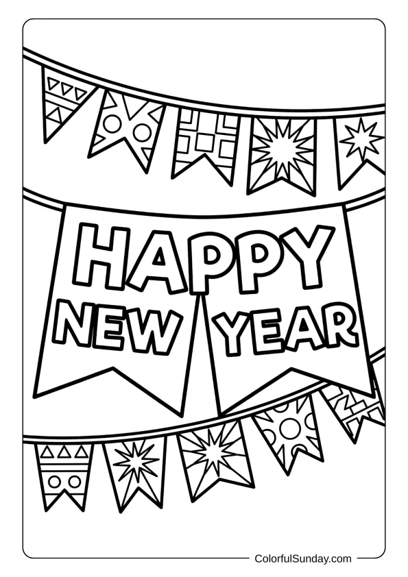 A coloring page of decorative bunting and banners featuring happy new year lettering prominently.