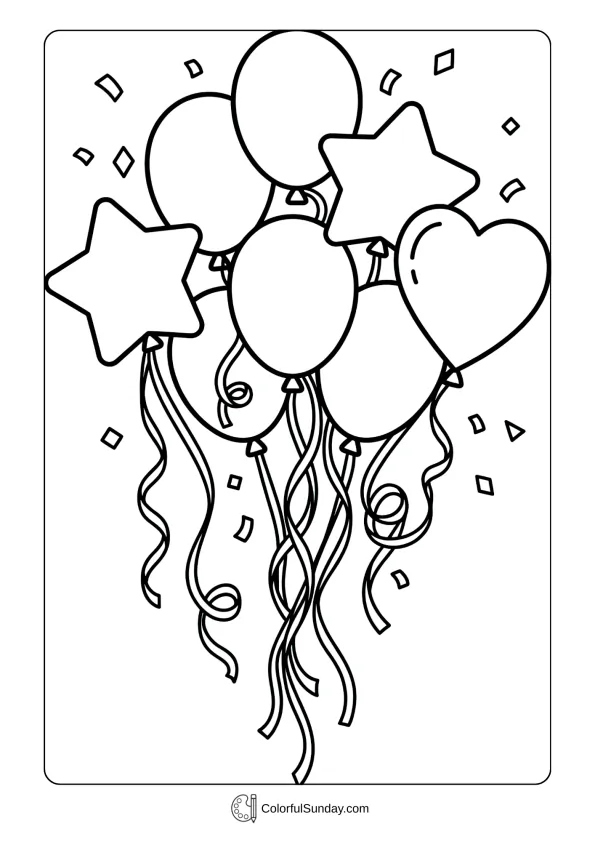 Bunch of decorative balloons floating with streamers in a festive Mardi Gras coloring page.