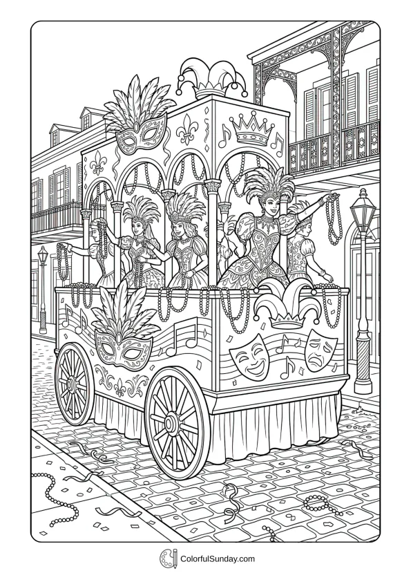 Elaborate Mardi Gras parade float coloring page with performers and decorative beads rolling down the street.