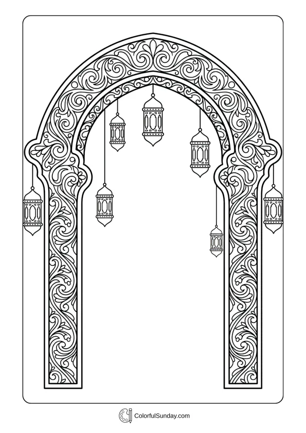 Ornate archway entrance with lanterns welcoming Ramadan celebrations coloring picture