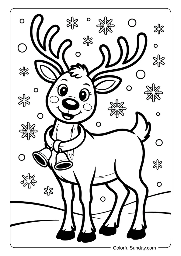 A cheerful reindeer with bells around its neck standing in the snow in a December winter coloring page.