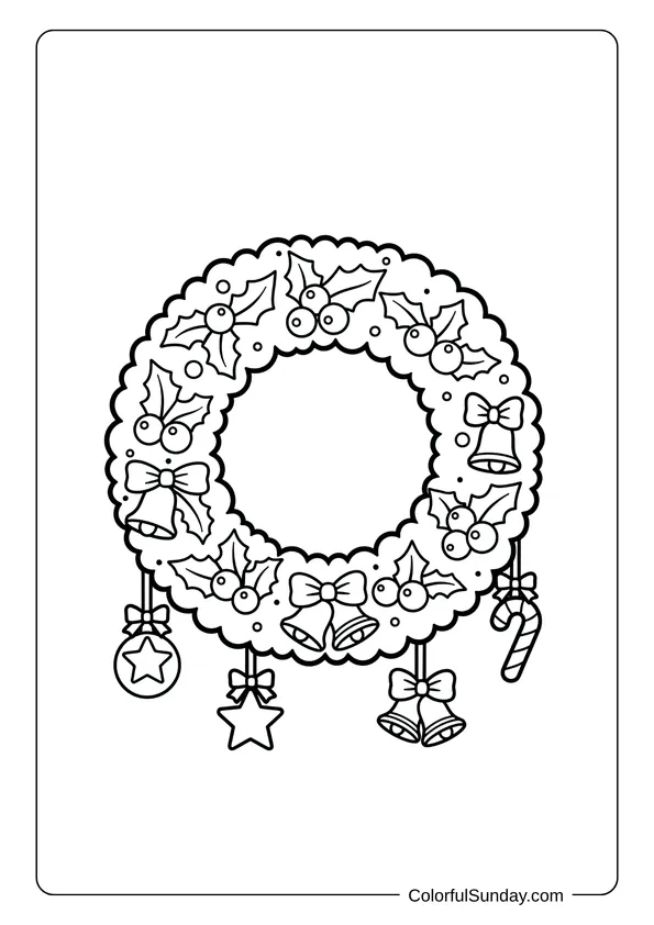 A coloring page of a festive wreath with mistletoe and Christmas ornaments.