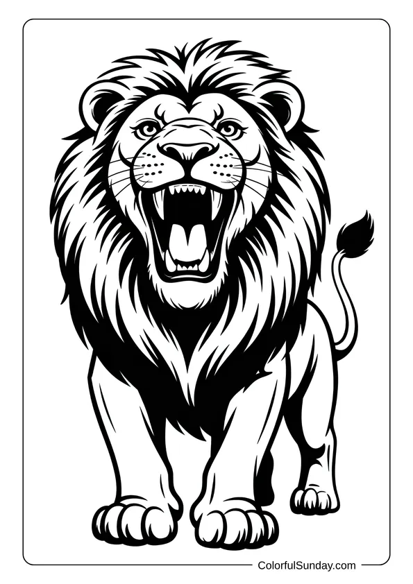 The fierce roar of a lion is captured mid-action in this intense coloring page.