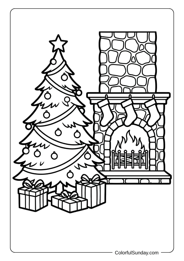 A Christmas tree beside a crackling fireplace with stockings hung and warm cozy atmosphere coloring page