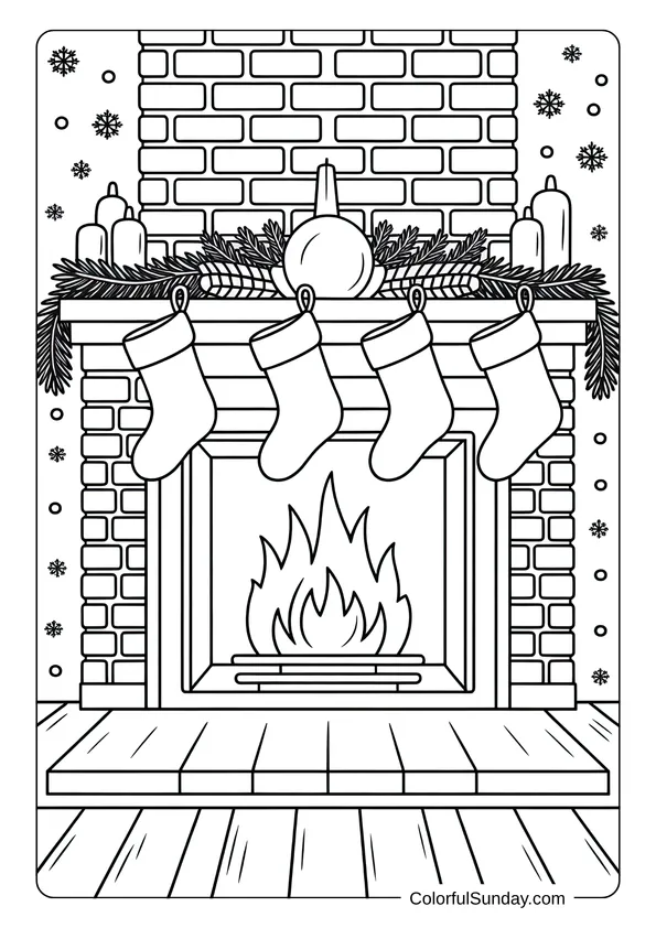 A cozy fireplace with four stockings and candles above the mantel in a warm Christmas coloring page.
