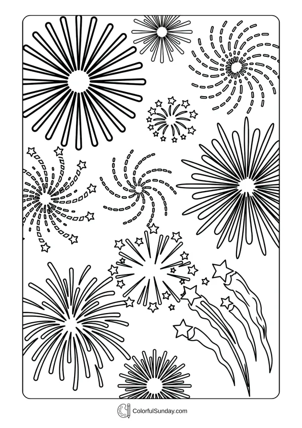 Spectacular bursting fireworks lighting up the sky in this Chinese New Year coloring picture