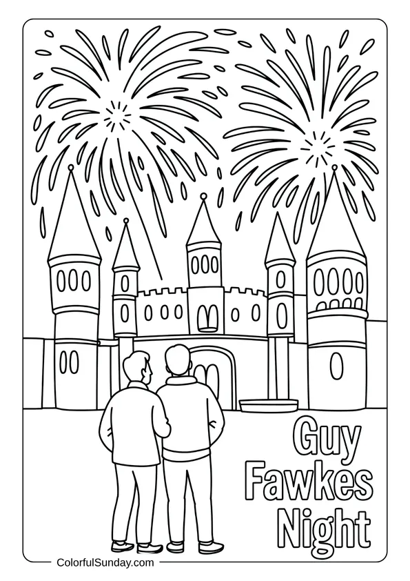 Guy Fawkes Night coloring page with two people admiring fireworks above a castle.