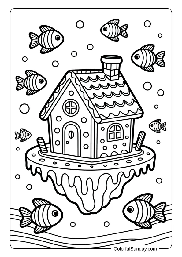 A floating gingerbread island surrounded by cheerful fish appears in this cute coloring page.