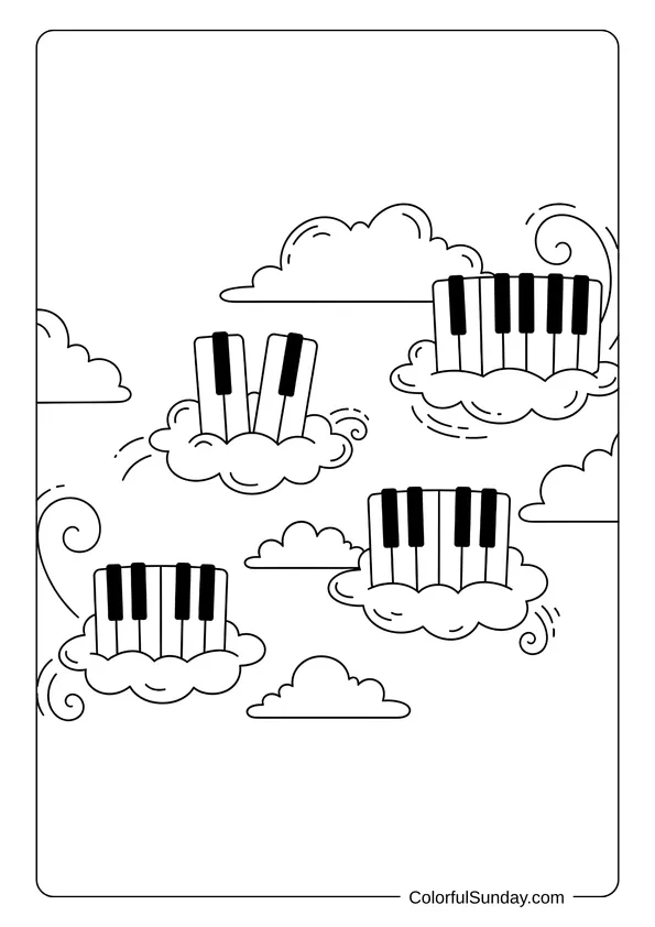 Pokemon Badges And Logo Coloring Page Floating piano key islands among clouds, shown in a whimsical coloring page style.