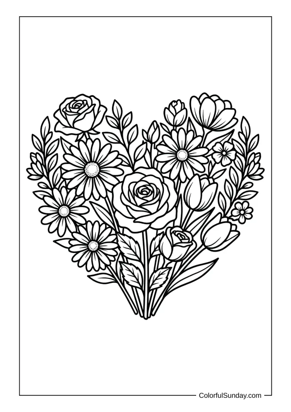 Flower bouquet shaped like heart in a coloring page