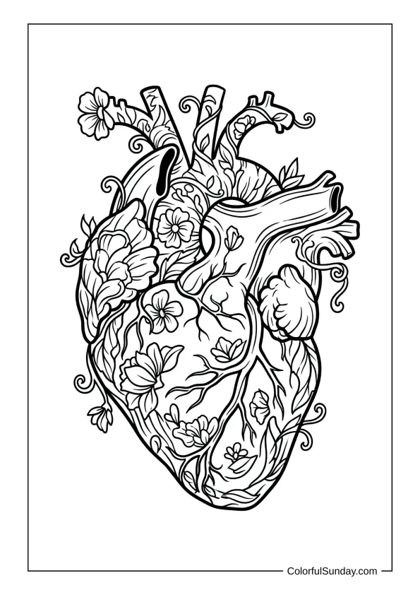 Floral detailed heart design in a coloring page